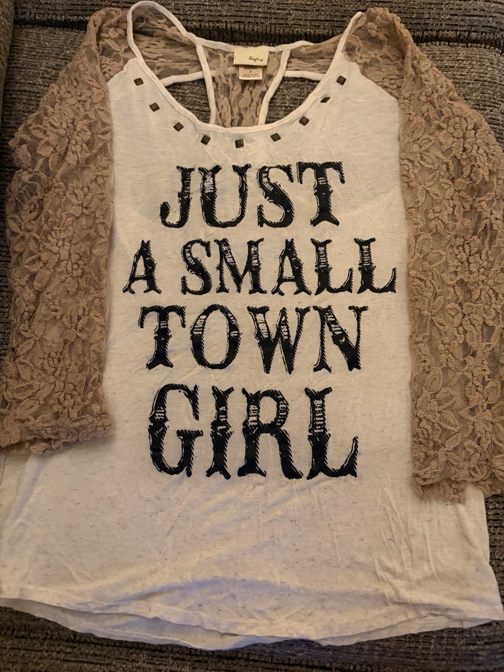Just A Small Town Girl Lace-Sleeve  Top - Beige/White
